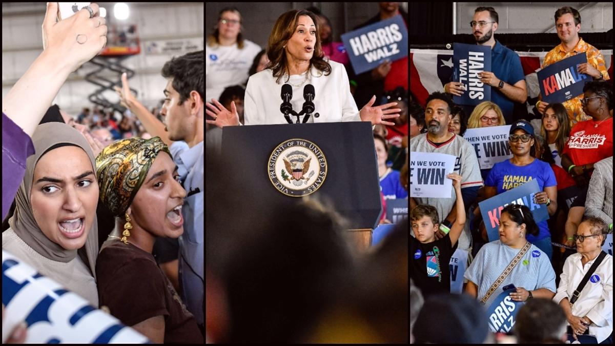 Harris'in mitingi, Filistin destekçileri ve onlara karşılık verenlerin sloganları nedeniyle bölündü