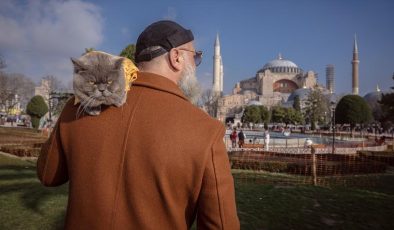 Sahibinin omzunda taşıyarak gezdirdiği kedi adeta İstanbul’un seyyahı oldu